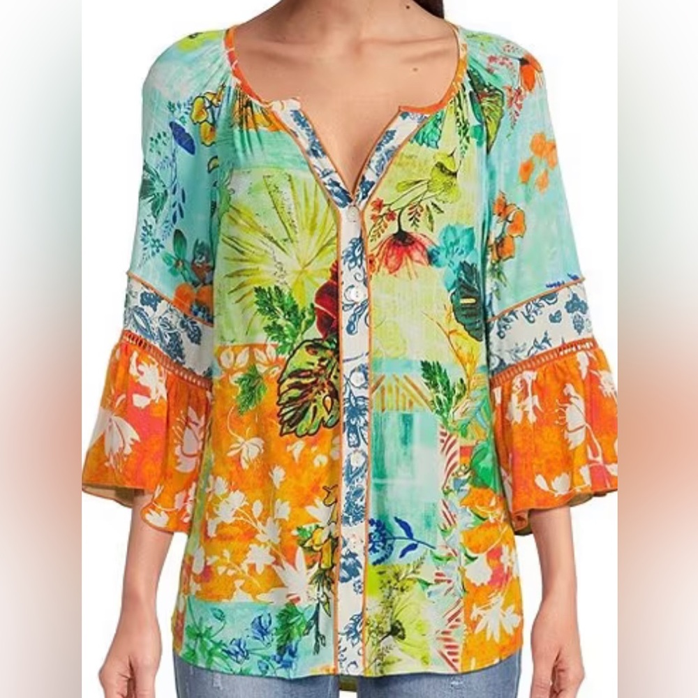 John Mark multi print 3/4 ruffle sleeve.